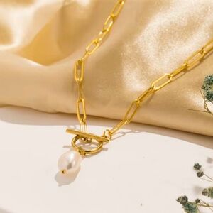 Fresh water pearl necklace, paper clip chain necklace, gold plated stainless